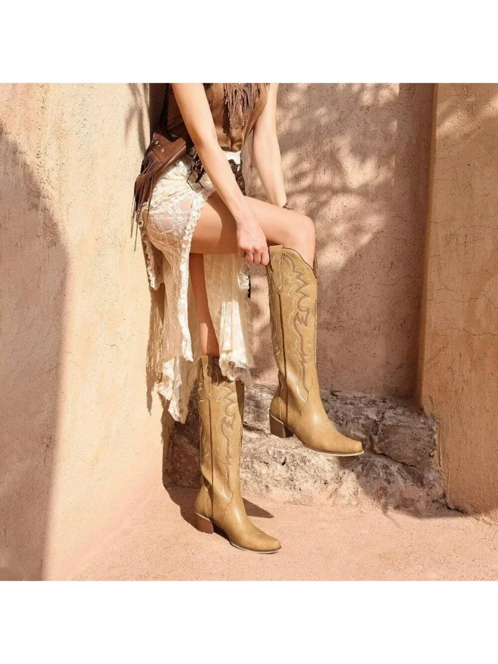 Women's Matte Tan Chunky Heel Slip on Pointed Knee High Cowgirl Tall Boots